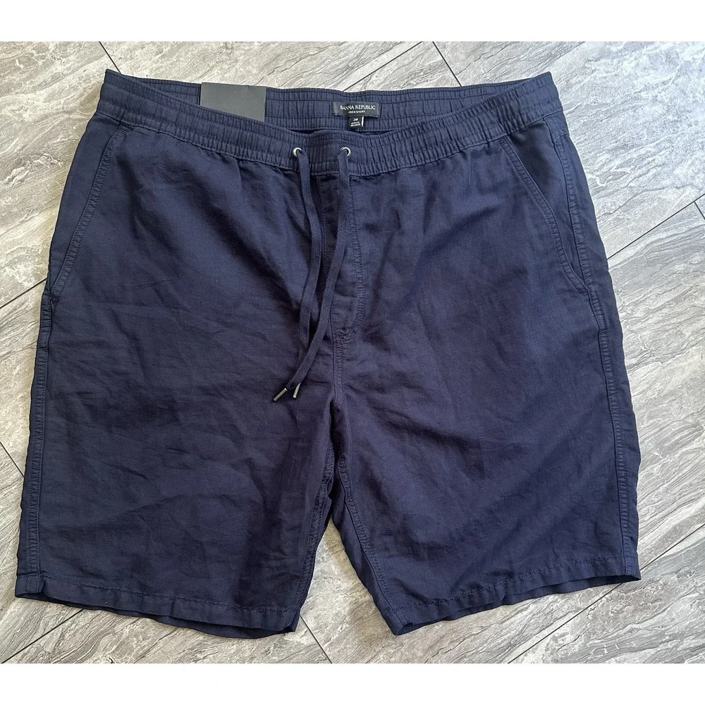 Banana Republic Aiden Shorts Mens 38 Navy Chino Slim Fit Stretch Linen Blend